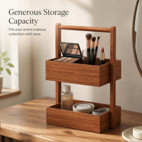 Wooden Desktop Cosmetic and Jewelry Storage Box with Double Layer for Vanity and Bedroom