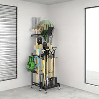 Wheeled Garden Tool Rack Multi-Holder Garden Tool Organizer Rack Hooked