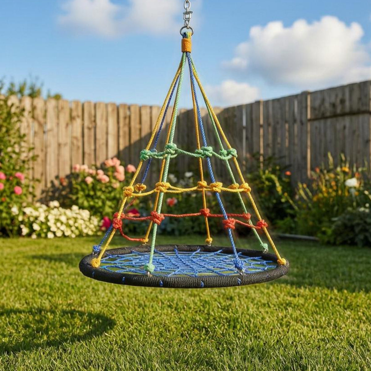 Woven Seat Nest Swing Padded Rim Round Rope Swing Colorful Ropes Outdoor Play Equipment Uncovered Core for Indoor