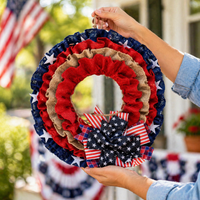 Independence Day Wreath, 40x40cm Fabric Stars Stripes Wreath for 4th of July Door Hanging, Red White Blue Patriotic Home Decor