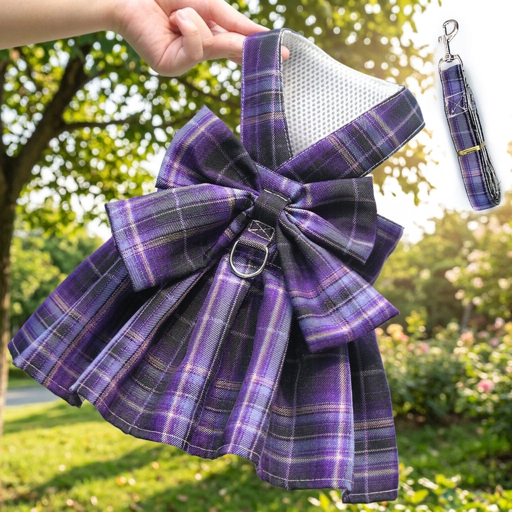 Dog Harness and Leash Set with Cat Harness and Leash, Deep Violet Plaid Polyester Dress for Small Medium Dogs Cats, Non-Retractable Leash Set