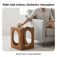 Sturdy Wood Block Table Wabi-Sabi Aesthetic Nightstand Distressed Finish Multifunctional for Interior Decorators, Students
