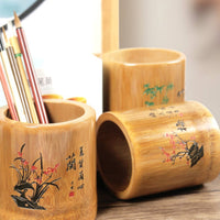 Bamboo Pen Holder Carving Round Bamboo Organizer Versatile Chinese Design Stationery Holder for Calligraphers, Artists