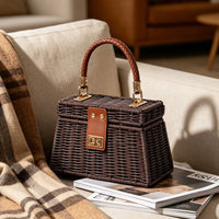 Trapezoid Handbag Handmade Wicker Purse Braided Handle for Outings