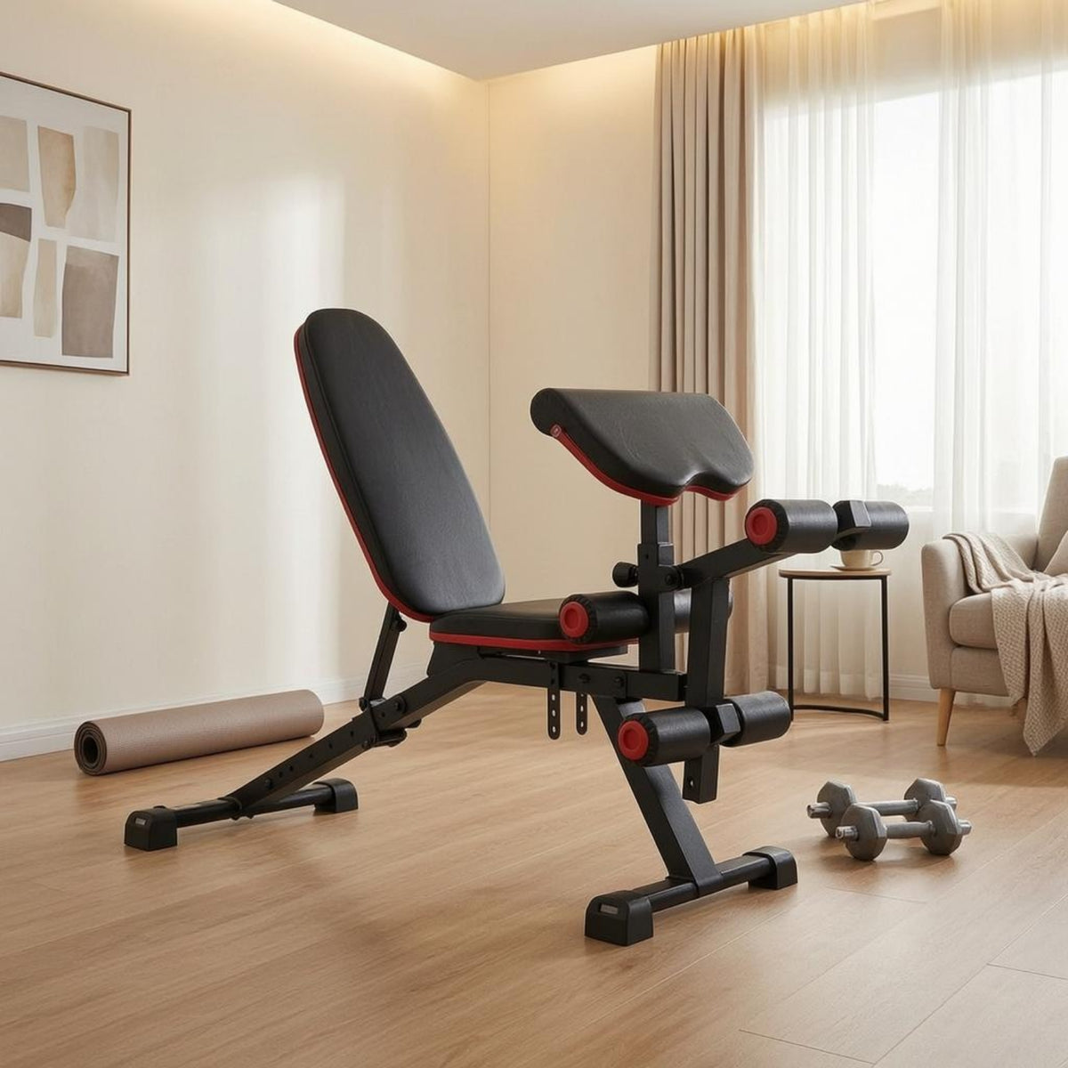 Multifunction Workout Bench Metal Frame Weight Bench with Leg Developer Wide Base for Floor Use