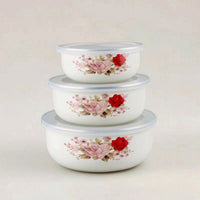 3 Pieces Glossy Enamel Food Storage Containers Space-Saving Enamel Bowls with Lids Reusable Nesting Bowl Set Multi-Purpose for Leftovers, Meal Prep, Kitchen