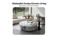 Wabi-Sabi Aesthetic Round Drum Table Minimalist Design Living Room Furniture Faux Travertine Finish Rounded Edges for Interior Designers, Apartment Dwellers, Families with Children, Small Areas, Lounge Area, Home Office, Bedroom