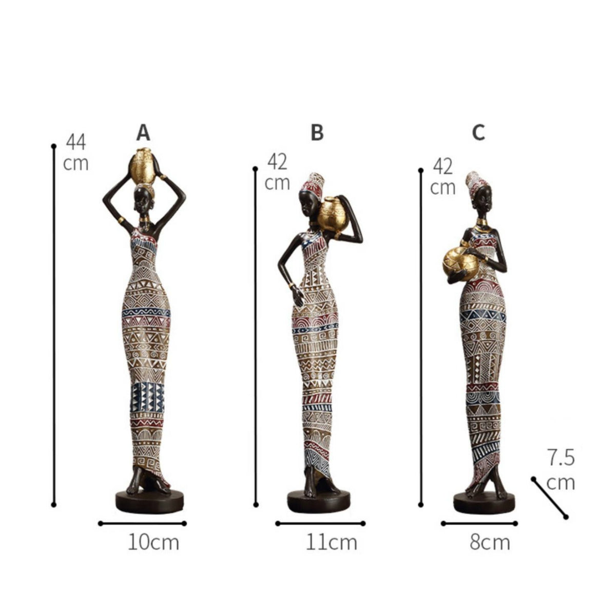 3 Pieces African Woman Statue Hand-Painted African Lady Figurine Resin Material