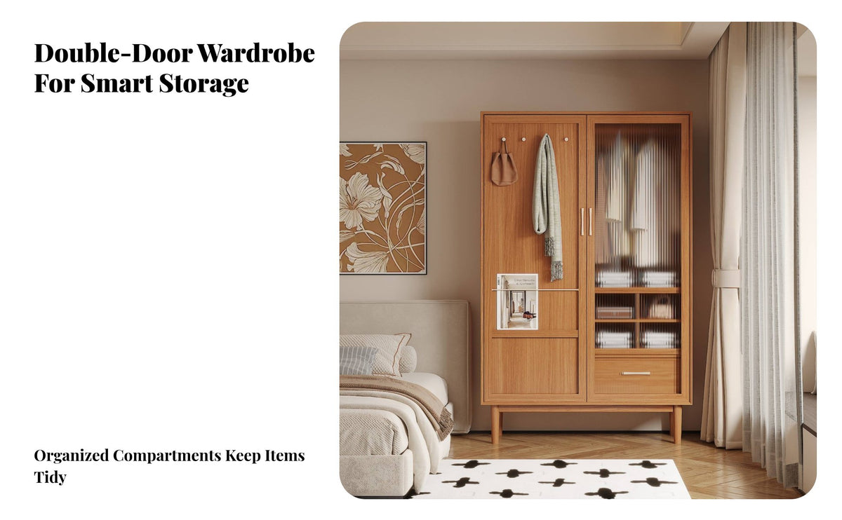 Wabi-Sabi aesthetic unrestrictedstanding Wardrobe with Woven Doors Nordic Design Two-Door Woven Armoire Vintage Look Bedroom Furniture Natural Aesthetic for Homestay Owners, Homeowners, Interior Designers, Guest Room, Entryway
