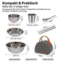 11-piece Camping Dinnerware Set, Stainless Steel Cutlery Set for 1 Person, Stackable, Perfect for Picnic, On-the-go, Vanlife, 20cm Plate