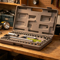 Chrome-Finished Socket Wrench Kit Knurled-Grip Ratchet and Socket Set Compact Hand Tools Portable for Mechanics, DIYers, Car Owners, Automotive Repair, Garage, Home Workshop, Roadside Emergencies