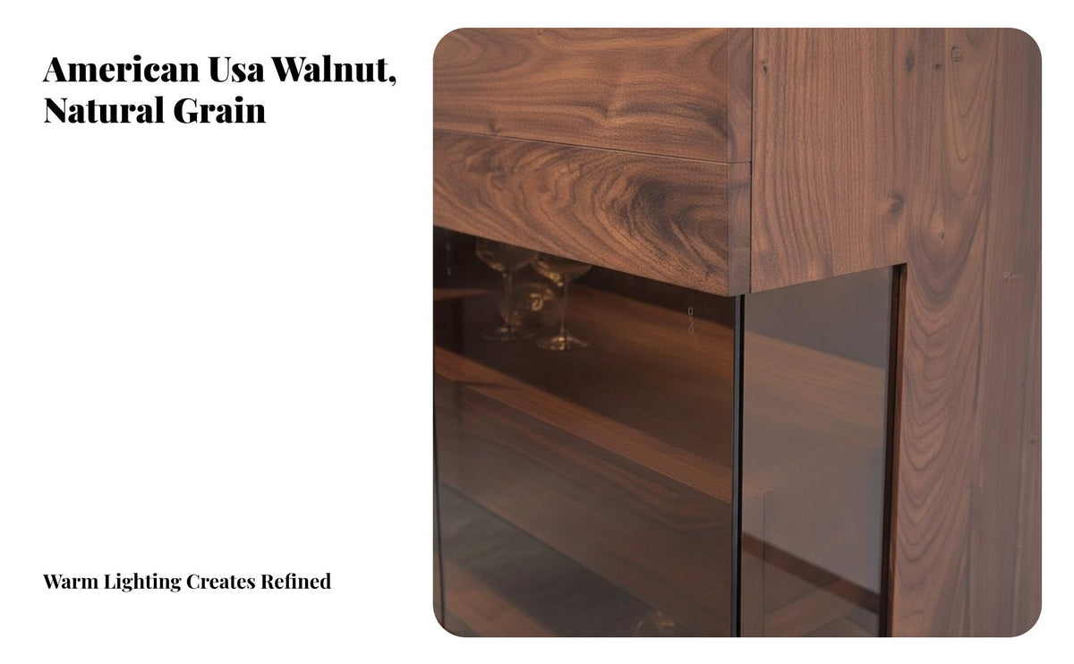 Solid Wood Construction Black Walnut Wine Cabinet Multi-Purpose Sideboard Buffet Cabinet Glass Display Doors Dining Room Sideboard Sturdy and Long-Lasting for Homeowners, Interior Designers, Families, Hallway, Kitchen, Villa, Hotel