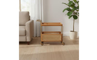 Movable Rattan Trolley Table Easy to Move Rattan Side Table Storage Rack Vintage Bedside Shelf Space-Saving for Living Room
