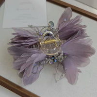 Romantic Purple Tulle Bow Hair Clip with Crystal Craftsmanship - Elegant Shark Clip