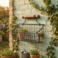 Wire Basket with Wooden Handle Black Metal Storage Bin Rustic Bin for Balcony