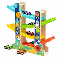 Multi-Level Wooden Car Ramp with 6 Cars Compact Wooden Car Ramp Race Track Toy Indoor Toddler Race Track for Preschoolers