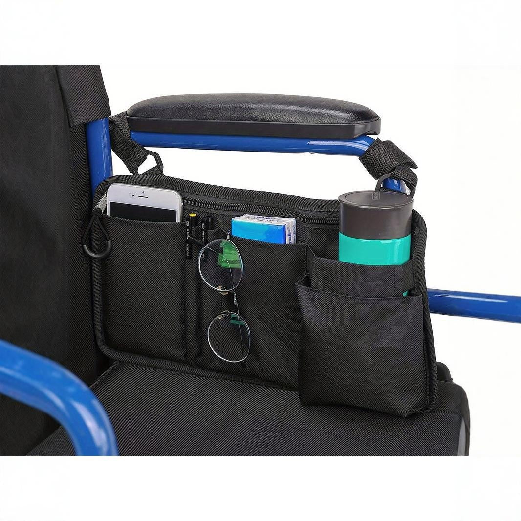 Wheelchair Storage Bag Multifunctional Armrest Hanging Bag with Cup Holder, Oxford Cloth Organizer