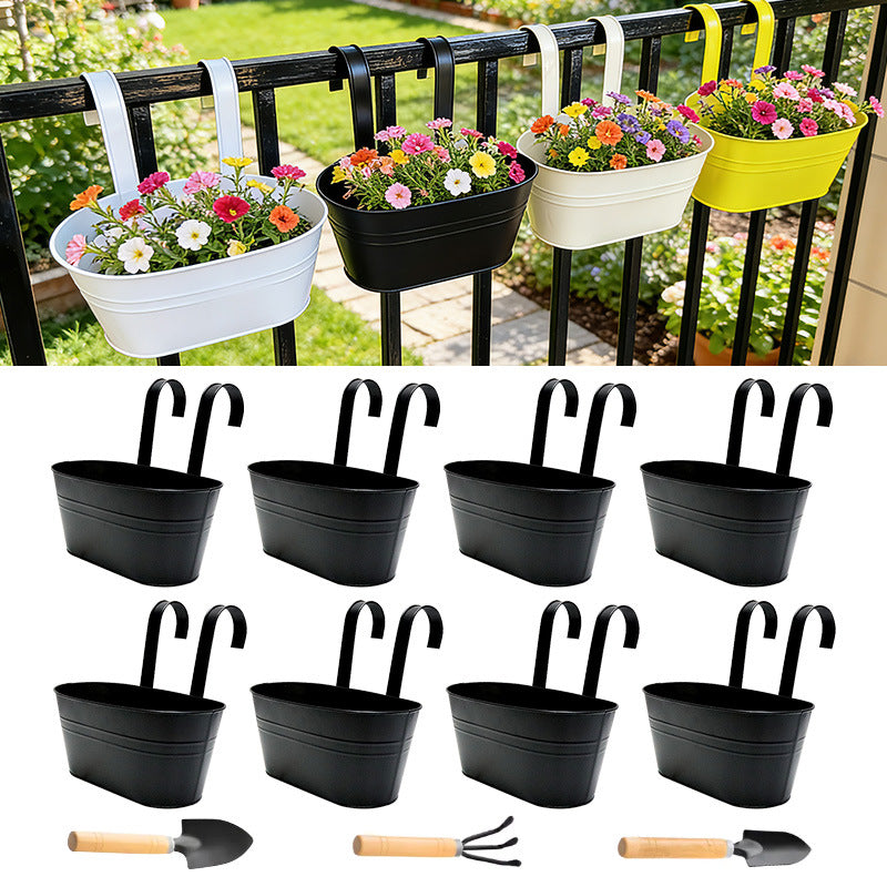 Rustic Iron Oval Hanging Flower Pot with Double Hooks for Fence