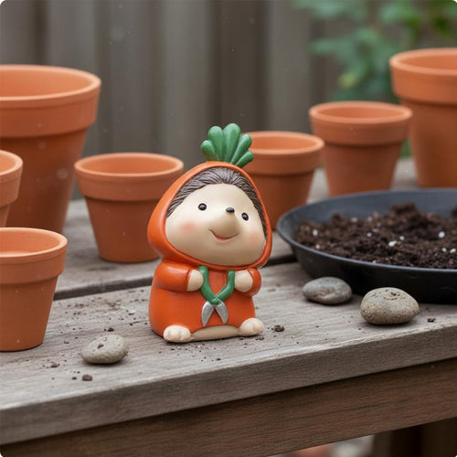 Hedgehog Gardener Figurine Artisanal Look Cartoon Creature Resin Figure