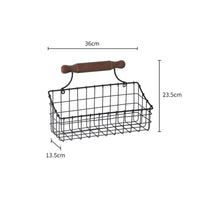 Wire Basket with Wooden Handle Black Metal Storage Bin Rustic Bin for Balcony