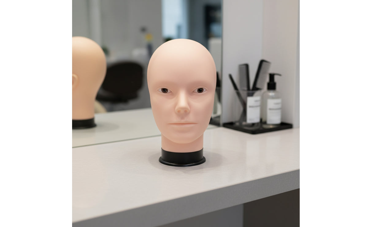 Male Mannequin Head Bald Hairpiece Display Head Skin-Toned-Toned for Stylists, Students, Makeup Training Countertop Presentation