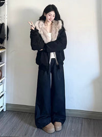 座山雕毛茸茸毛领棉服外套男女加绒加厚夹克美式cleanfit冬季棉衣