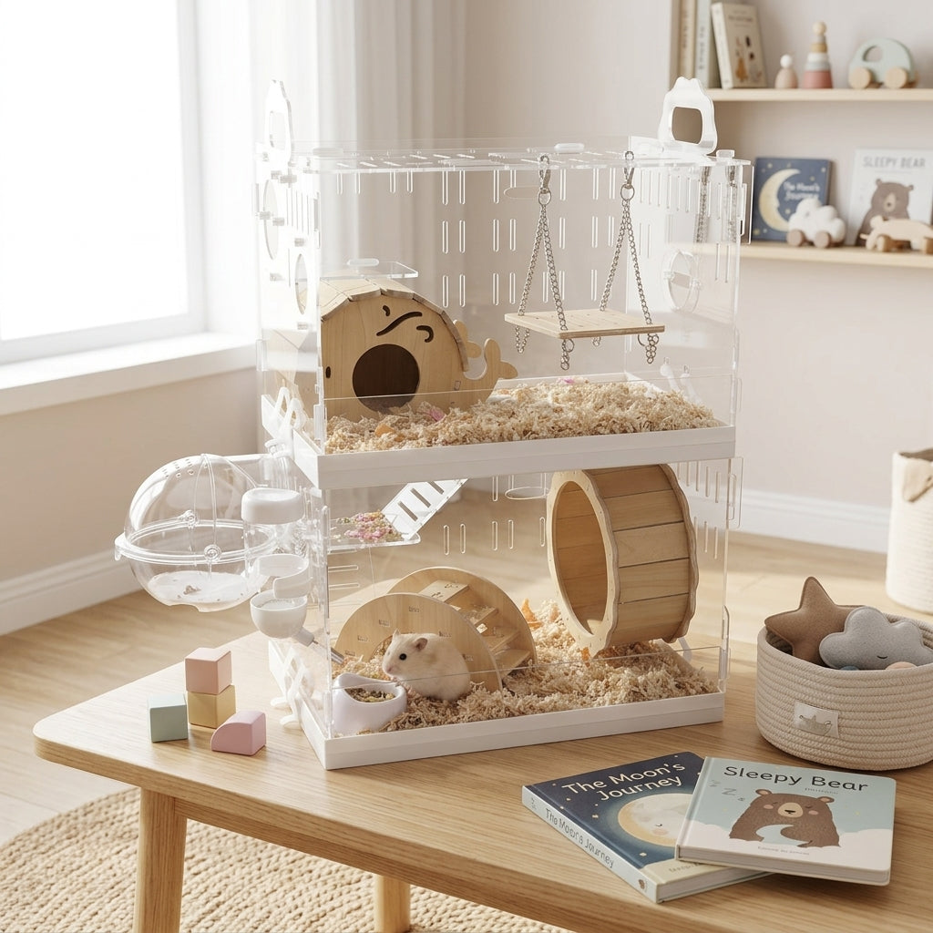Syrian Hamster Cage Pet Castle, Luxury Hamster Habitat with Transparent Viewing, Modern Style Square Shape Indoor Use Detachable Home