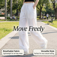 Ladies Trousers for Women UK with Elasticated High Waist, Wide Leg Summer Style in Cooling Ice Silk Material