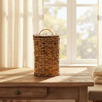 Waste Basket Loop Handle Lidded Waste Basket Compact Size Woven Trash Bin