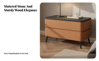 Sintered Stone Top Nightstand Solid Wood Construction Modern Nightstand with Drawers Scratch Resistant Leather Wrapped Bedside Table for Adults, Hotel