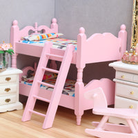 1:12娃娃屋dollhouse迷你家具模型儿童房微缩场景粉色双层床叠床