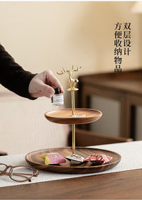 南美胡桃木木质实木双层托盘干果盘水果茶盘点心蛋糕茶歇台多层架
