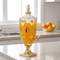 Water Dispenser and Glass Juice Dispenser with Ornate Gold Accents, 2L Beverage Dispenser, Lemonade Dispenser for Party Iced Tea and Home Use