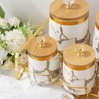 Nordic Light Luxury Spice Jar Set with Bamboo Lids and Rack, Ceramic, 3-Tier, Round, 3.1-4L
