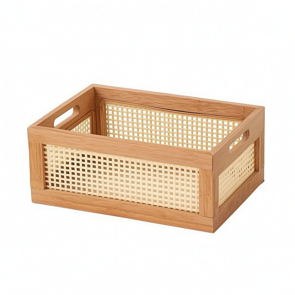 Wooden Storage Box with Cane Panels Open-Top Organizer Bin Sturdy for Bedroom