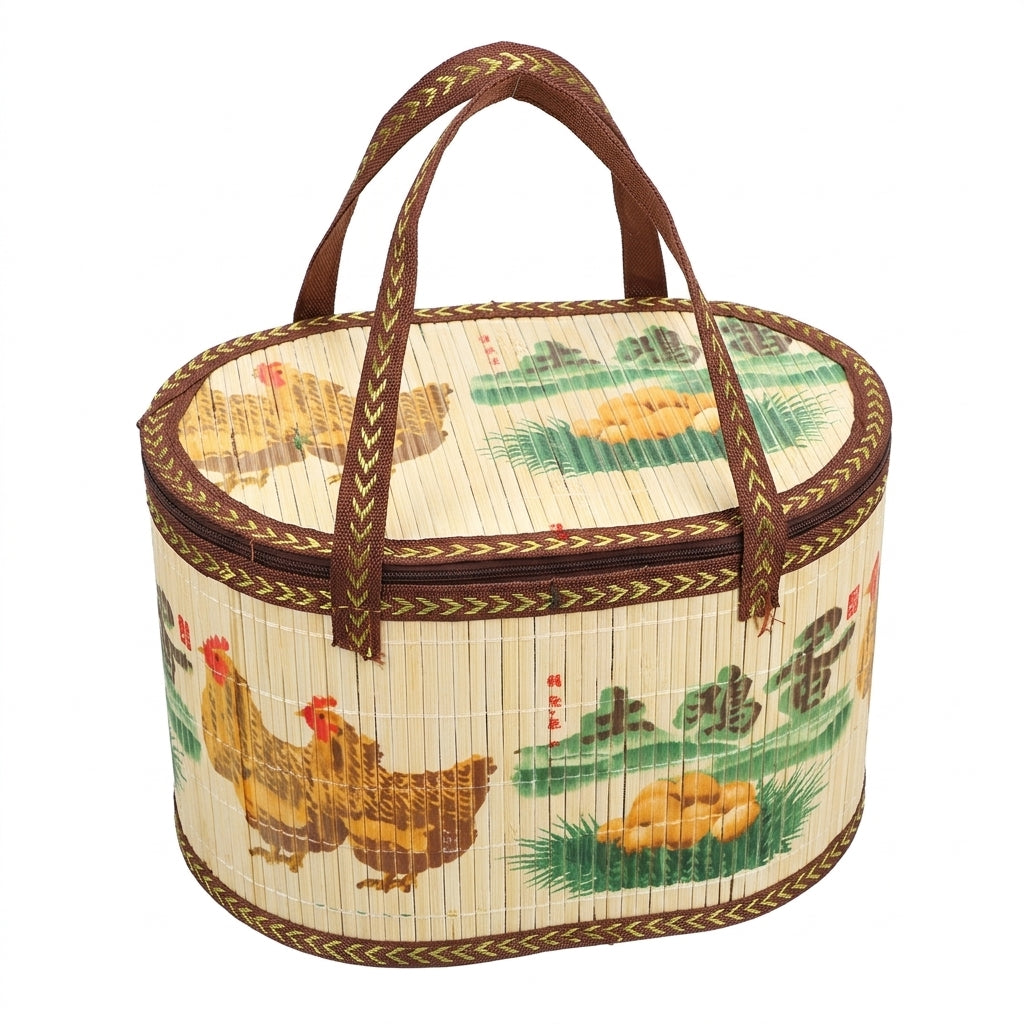 Woven bamboo basket with chicken pattern, 28x18x16 cm, for packaging and storage