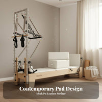 Pilates Reformer Bed Firm Foam Padding Pilates Reformer Machine Adjustable Tension Oak Wooden Foundation Bed for Postpartum Women, Gym, Living Room