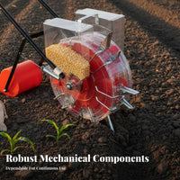 Hand-push seeder sows and fertilizes soybeans.