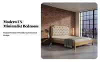 High supportive Design Upholstered Wood Bed Modern Minimalist and aesthetic Upholstered foundation Bed Sturdy Construction Bedroom Furniture sturdyDuty Frame for two adults, Apartment Dwellers, homeowners, Guest Room