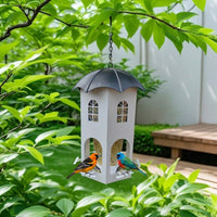 Hanging Bird Feeder, Ornamental Metal Structure, Decorative Garden Decor, Medium Size Outdoor Feeder with 4 Ports, Pearl and Navy Colors