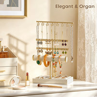 Multi-Functional Jewelry Stand with Tray, Five-Tier Metal Earring and Necklace Organizer