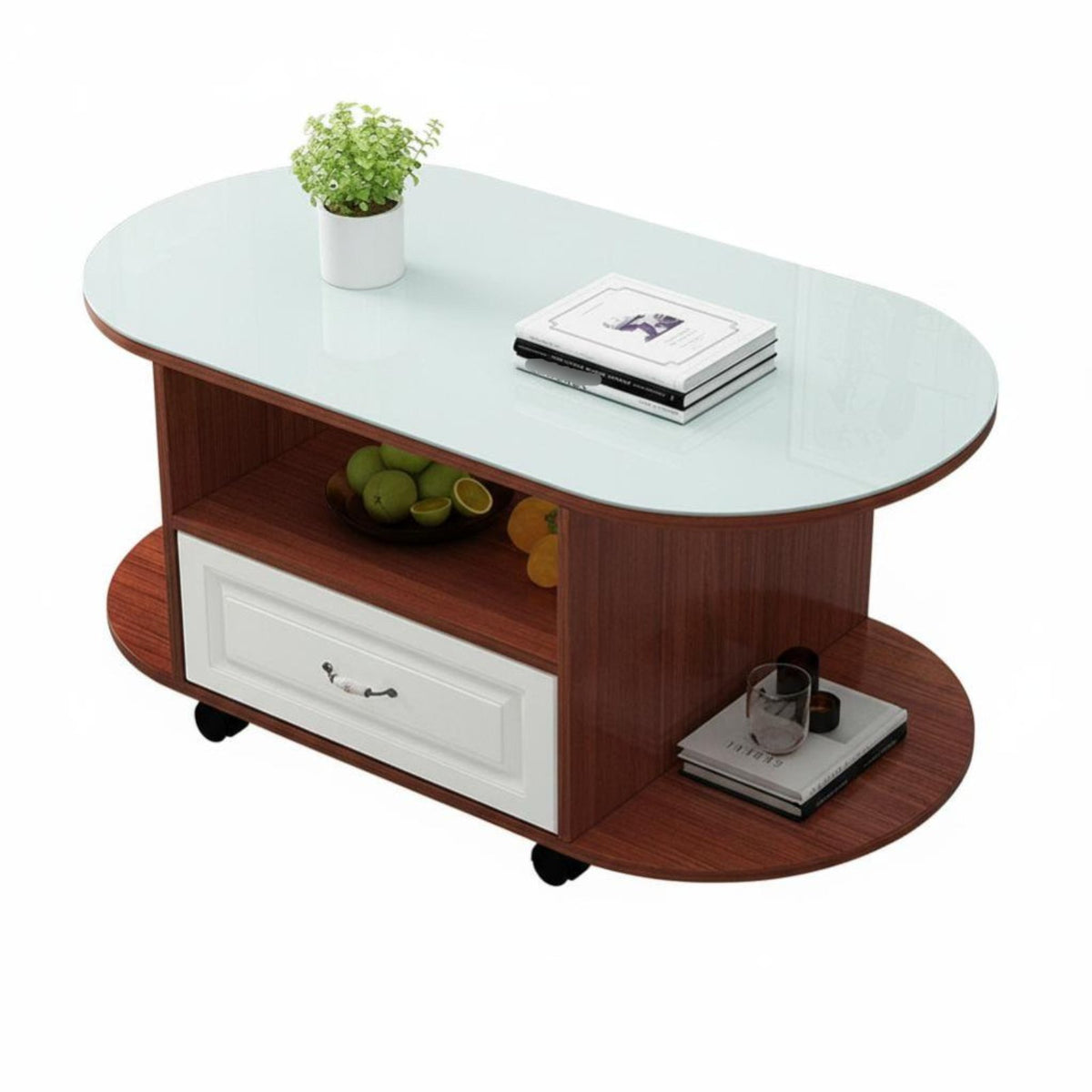 Oval Coffee Table with Drawer Mobile Design Living Room Furniture Space-Saving