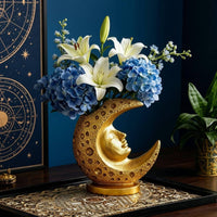 Moon Resin Vase Statue Design Home Decor Gold Finish for Living Room, Office