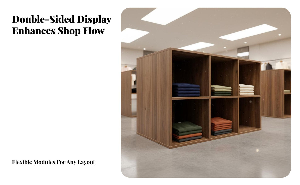 Minimalist Design Retail Display Island Thickened Board Double-Sided Display Table Low Profile Merchandise Cabinet for Boutique Owners, Shop Managers, Homeowners, Clothing Shop, Showroom, Living Room, Entryway