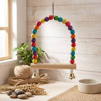 Parrot Swing Arch Wooden Avian Perch, Colorful Parrot Toy with Hanging Bell for Entertainment