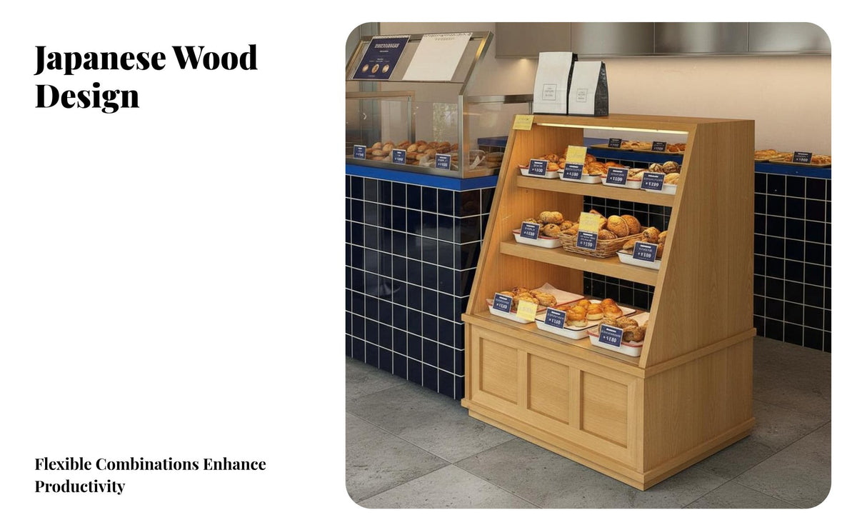 Wooden Bread Display Cabinet Bakery Island Display Counter Japanese Design Pastry Cabinet for Cafe Owners, Shopkeepers, Bakeries, Cafes, Dessert Shops