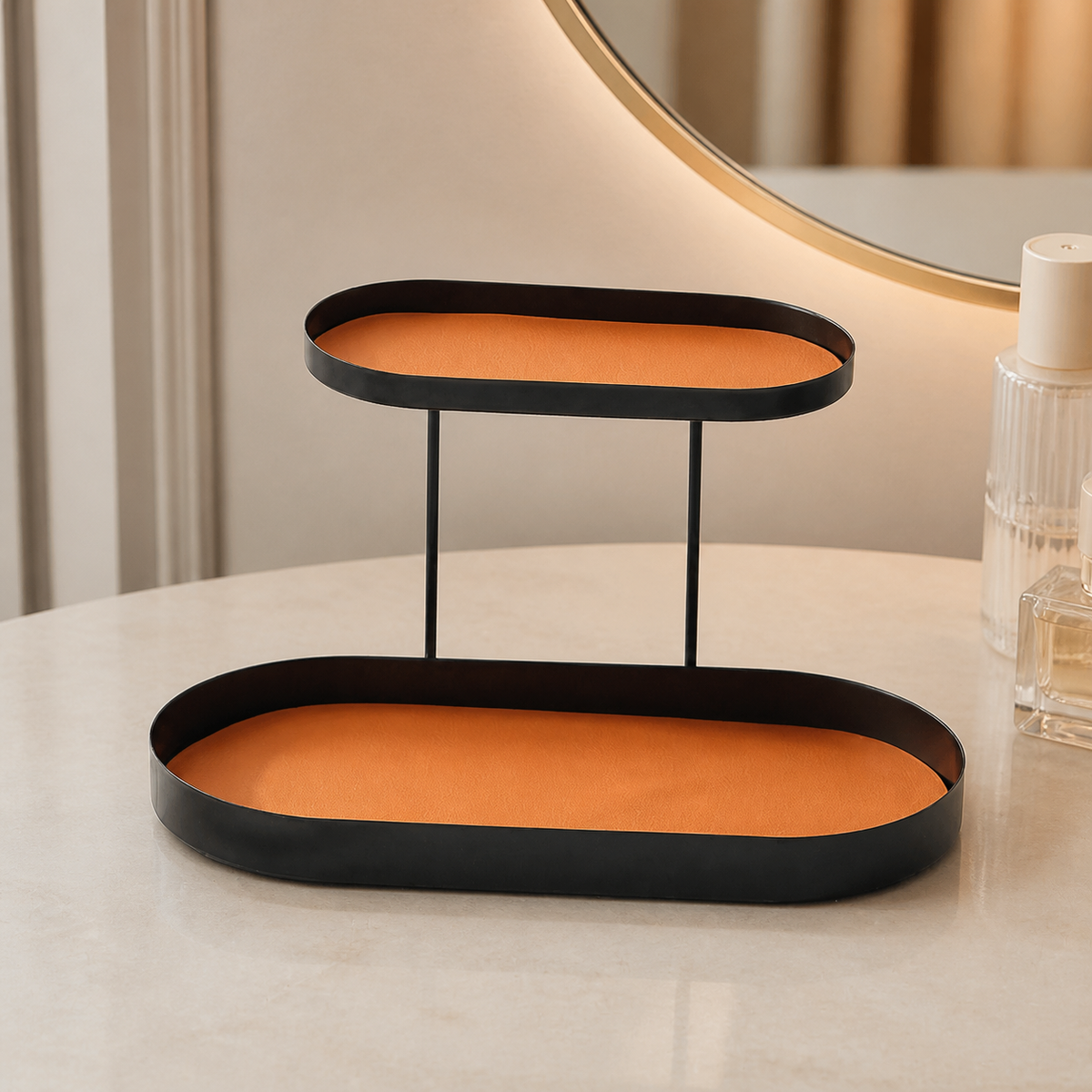 Black Metal Two Tier Tray, Oval Storage Tray with Leather Trim, 20x15.5x17cm Console Table Display Stand