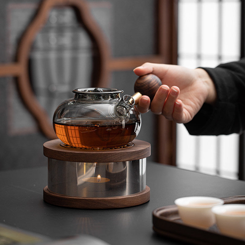 Walnut Wood Tea Warmer with Glass Teapot and Candle Heating Base
