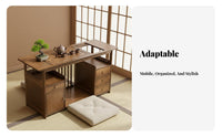 Storage Cabinet and Drawer Rolling Tea Brewing Table Chinese Aesthetic 2-Tier Wooden Mobile Table with Wheels Multi-Functional Mobile Furniture Allintegrated Design for Homeowners, Apartment Dwellers, Adults, Living Room, Office, Balcony, Kitchen