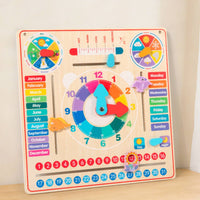 Multicolor Child-Centered Calendar Clock Board Movable Hands Wooden Calendar Clock Board Sliding Parts Educational for Preschoolers, Kids